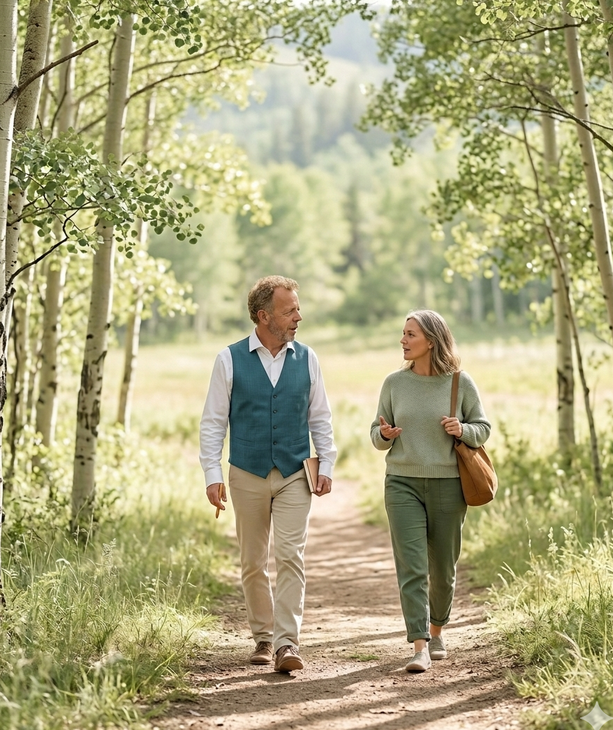 Berater mit Klientin beim Walk & Talk